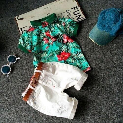 DFXD Kids Clothes Boys Set 2018 Summer Baby Boy Short Sleeve Willow Flowers Print Top+White Ripped Shorts 2pcs Boys Suit 2-7Year