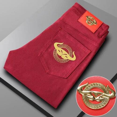 4 Colors Spring Autumn New Mens Jeans Red Embroidery Slim Stretch Mens Pants Mens High Quality Casual Denim Trousers