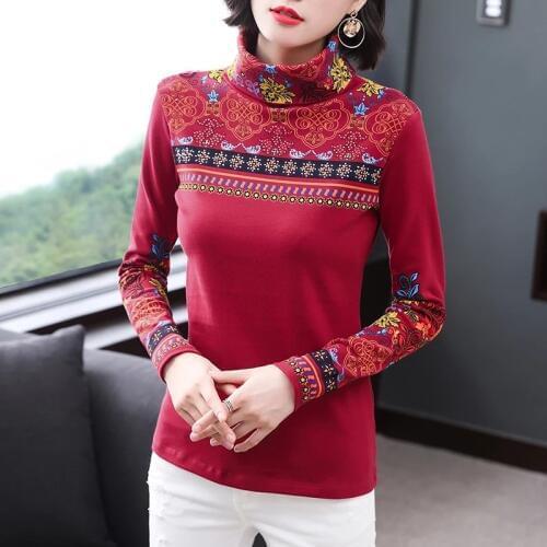 Ethnic Fleece Thicken Long sleeve T Shirt Women High Collar Vintage Print Bottoming Tee Shirts Ladies Autumn Tops