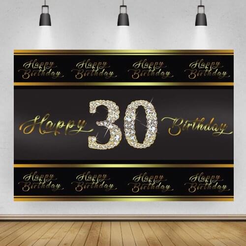 Happy Birthday Party Backdrop for Adult Woman Black Gold 30th 40th 50th Diamond Dinner Wine Table Decor Photo Background Poster