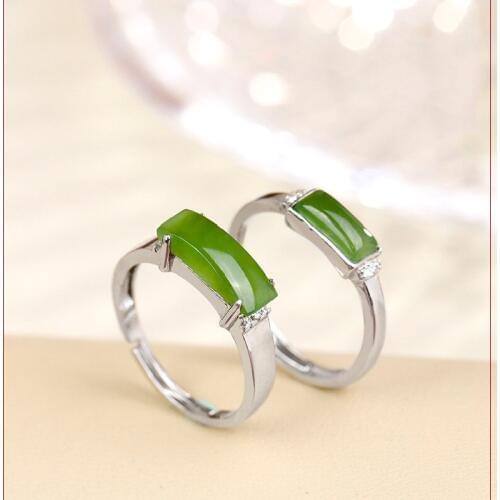 S925 Sterling Silver True Gold Plated Inlaid Natural Hetian Jasper Couple Ring