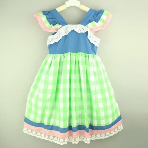 2016 girls ruffled plaid dress crochet shoulder kids long dresses with ruffles suit 2-7 yrds kids