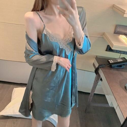 2PCS Lace V Neck Sleepwear Lady Pajamas Suit Nighty&Robe Set Sexy Intimate Lingerie Casual Bridal Wedding Homewear Nightgown