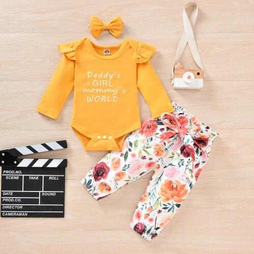 FOCUSNORM 0-12M Infant Baby Girls Clothes Sets 3pcs Letter Printed Long Sleeve Ruffles Romper Tops Flowers Pants Headband