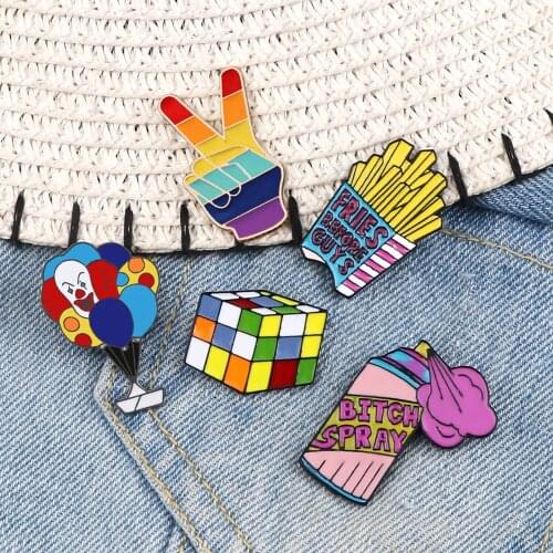 Colorful Pins Cartoon Clown Balloon Enamel Pin Finger French fries Spray Brooch Badges Lapel Pins Jewelry Gifts For Women Men