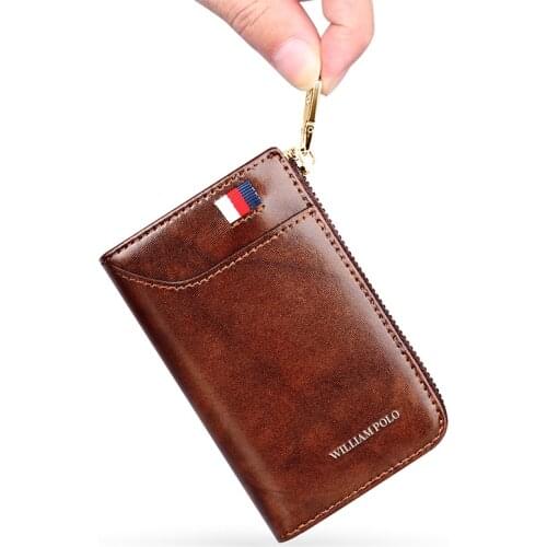 WILLIAMPOLO Fashion Genuine Leather Men Wallet Zipper Hasp Design Small Coin Purse Card Holder Wallet Minimalist Holder Card Bag