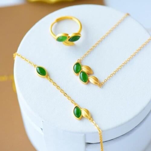 Natural Hetian Jade Horse Eye Leaves Three-Piece Ring Set Bracelet Pendant Fresh Simple 925 Sterling Silver Ancient Silver