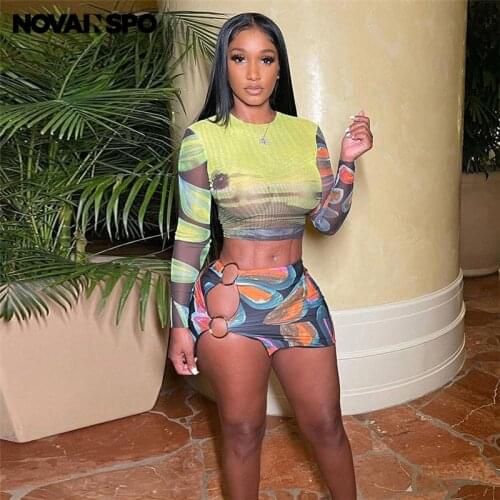 NOVAINSPO Cut Out Long Sleeve Cropped Top And Skirts Sets Fashion Casual See Through Printing Workout 2021 Outfits Elegant Set