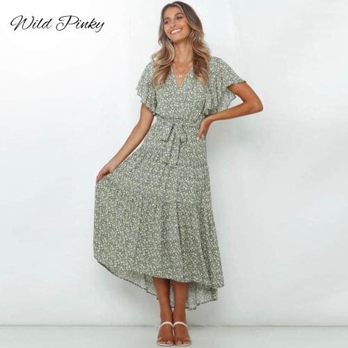 WildPinky Summer Beach Dress Women Floral Print Long Bohemian Dress Short Sleeve Boho Style Maxi Dress Ruffles Sundress Vestidos