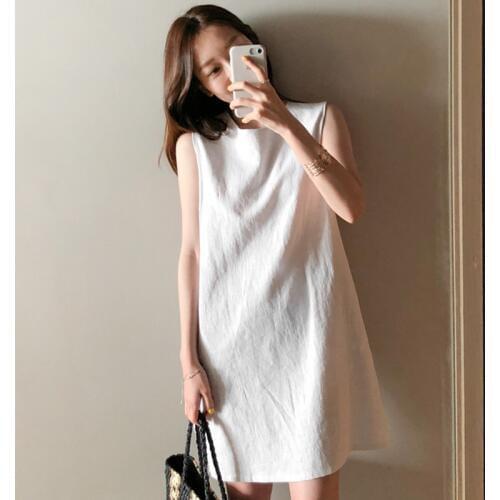 Summer Dress Solid Boho Mini Dress Women Casual Beach Sundress Sleeveless Cotton Linen Dress Party Vintage Harajuku Pockets W013