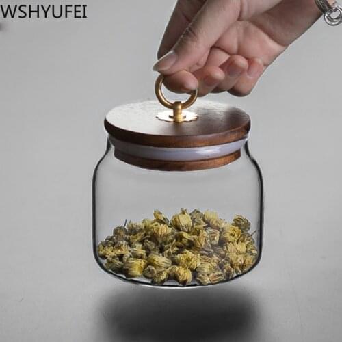WSHYUFEI Transparent glass small tea can Natural wood cover Portable Sealed Jar travel Tea Caddy Candy Spice Storage Tank