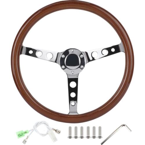 Car Horns Car Steering Wheel 15in 6-Hole Steering Wheel Retro Mahogany Wood Grip Stainless Steel Spoke with Horn Cover Cable