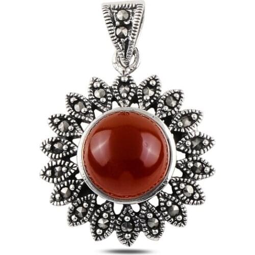 Silver 925 Sterling Red Agate & Marcasite Pendant