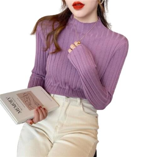 Autumn/Winter New Style Sweater Women Half High Neck Solid Color Striped Sweater Western-Style All-Match Pullover Multicolor