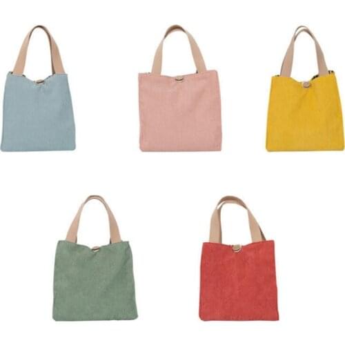 Women Girls Corduroy Canvas Lunch Bag Solid Color Ribbed Velvet Outdoor Portable Tote with Handle Kids Student Picnic Travel