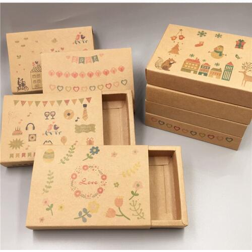10 pcs various sizes of vintage kraft paper drawers a variety of patterns design wedding candy / chocolate / cookie box