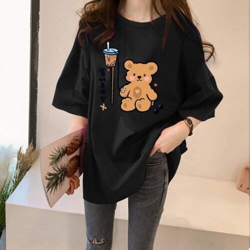 Bear Cartoon Graphic Print Ropa Mujer T-shirt Women Aesthetic Pink Tops Tshirt Tee 2021 Summer Tee Shirt Femme Roupas Femininas