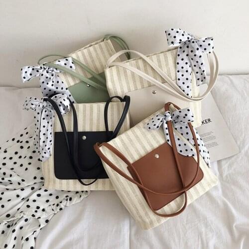 Fashion casual straw woven shoulder bag handbag with polka dot bowknot simple beach vacation female bag