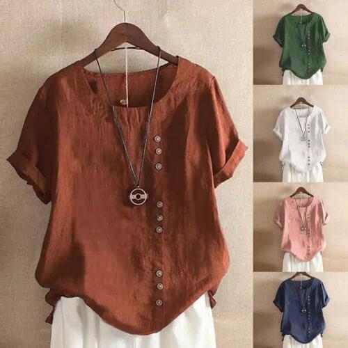 Woman Loose Clothing Summer Office Lady Big Size Tunic 2021 Cotton Linen Baggy Blouse Casual Short Sleeve Print Shirt Blouse