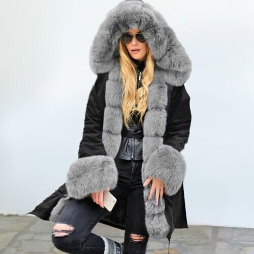 Ladies Hooded Thermal Jacket Fluffy Grey Faux Fur Coat Warm Lace Up Girl Long Parka Winter Thick Overcoat Plus Size Winbreaker