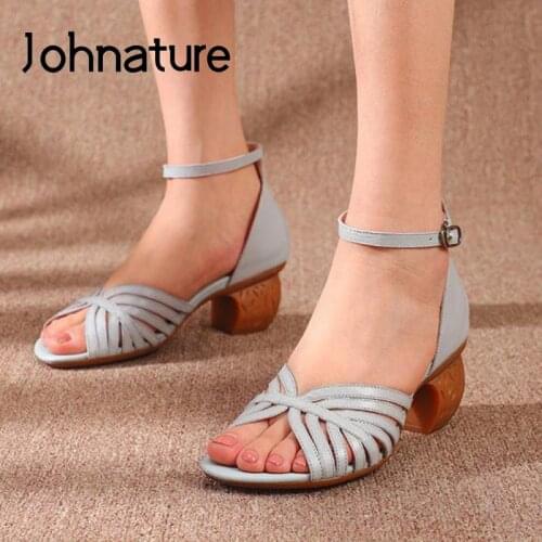 Johnature Women Shoes Platform Sandals Genuine Leather Buckle Strap Retro 2021 New Summer Casual Handmade Leisure Ladies Sandals