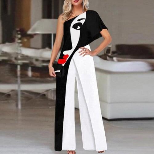 Retro Abstract Face Print Women Jumpsuit 2021 Summer One Shoulder Elegant Office Overalls Spring Wide Leg Pants One Piece Romper