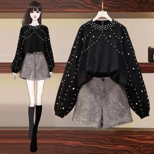 2020 Autumn Winter Two Piece Shorts Set Women Pearls Beading Loose Knitted Sweater Top + Woolen Pocket Shorts Suit Mini Pant Set