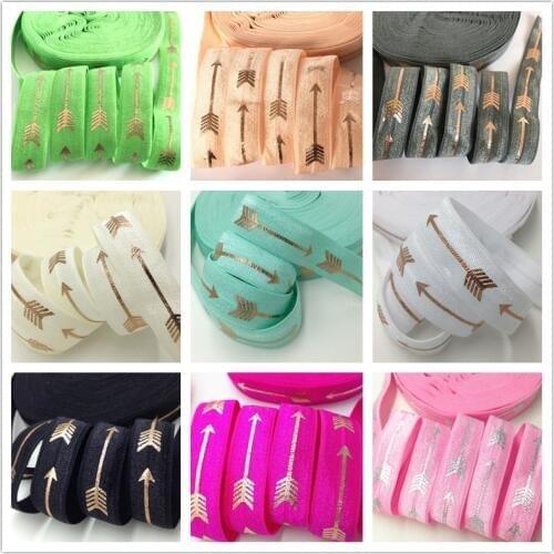 Hot Sale10 Yards Gold &Silver Foil Arrows Fold Over Elastic 5/8" FOE Ribbon Webbing For DIY Headwear Accessory