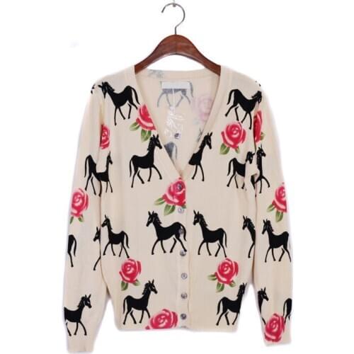 100pcs/lot 2015 new fshion Women Winter Clothing Ladys V Neck horse and flower print Sweater cardigans/pashmina