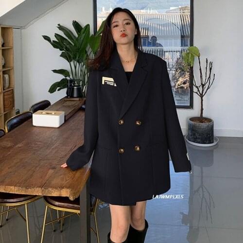 2021 New Spring Autumn Female Blazer Double Breasted Solid Coat Outerwear Long Sleeve New Korean Suit Top Fashion Tie