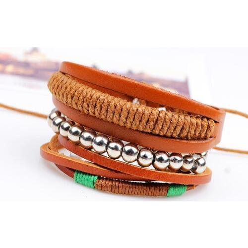 3pcs/set Punk Hippie Brown Leather Band Cord Wrap Knots Metal Beads Bracelets Stacked Layers Wide Bracelets for Man