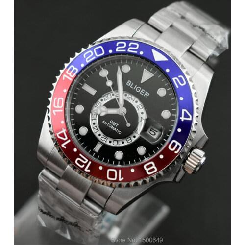 BLIGER 43mm New function Ceramic Rotate Bezel black dial with beads date automatic Wrist mens watches Brushed stainless steel