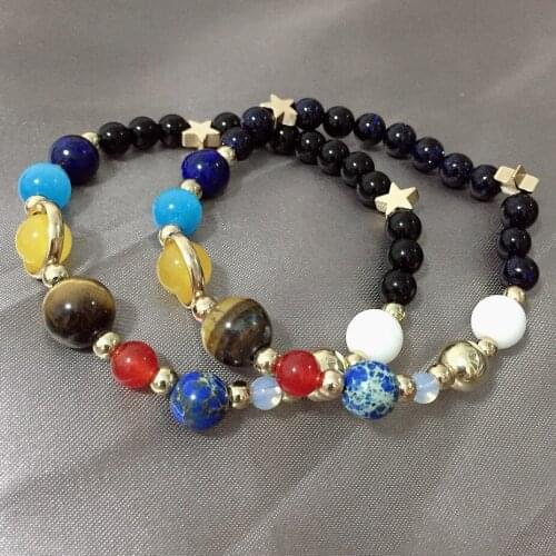 Natural Stone Turquoises Agates Black Lava Beaded Bracelet Eight Planets Solar System Star Bangle Bracelet for Women Men Jewelry