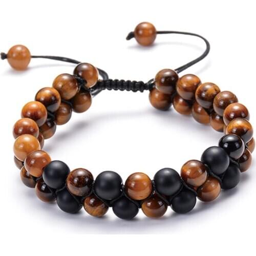 Natura 8 mm round stone tiger-eye onyx beads double row charm weave nylon rope handmade adjustable bracelet for man woman