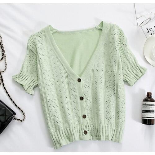 HELIAR Women Summer Green T-shirts Female V-Neck Button Up Tees Short Sleeve Hollow Out Tops For Women 2021 Summer T-Shirts