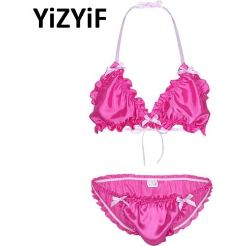 2Pcs Men Sexy Lingerie Set Shiny Satin Ruffle Bra Top Briefs Bikini Set Gay Male Sissy Underwear Sleepwear Nightwear