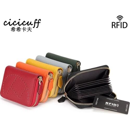 Brand Business Card Holder Genuine Leather RFID Credit Card Holder Women Zipper Pocket Unisex Hollow Card Case Zipper Coin Purse