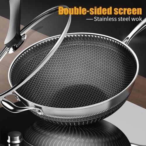 New Non-stick Pan Double-sided Honeycomb 304 Stainless Steel Wok Without Oil Smoke Frying Pan Wok Kitchen Cookware