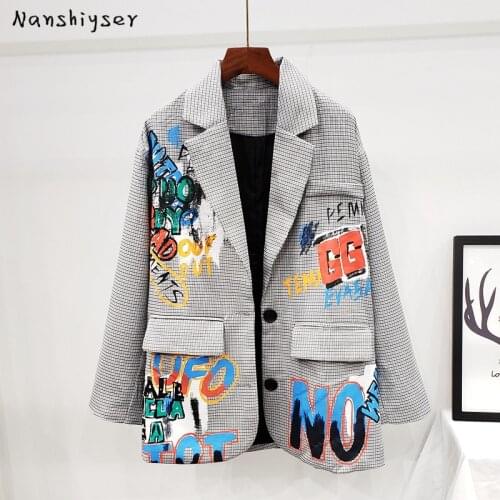 New Autumn Fashion Plaid Suit Blazer Women Letter Graffiti Print Outerwear Female Plus Size Suit Jacket Female Chic Korean Coats