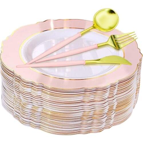 50Pcs Pink Gold Disposable Tableware Plastic Plate With Gold Edge Suitable for High-end Wedding Birthday Xmas Party Supplies