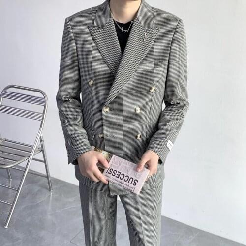 2021 Autumn Houndstooth 2 Pcs Set Wedding Suits for Men Double Breasted Business Casual Costume Homme Groom Tuxedos Blazer Pants