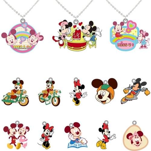 Disney Minnie Mickey Riding a Bike and Playing Personality Label Animated Character Image Necklace Epoxy Resin Pendant for Gift