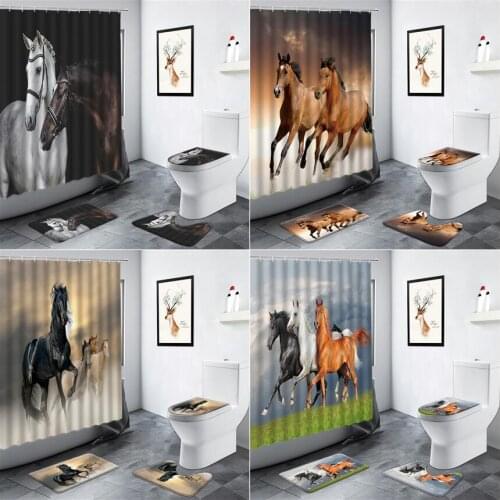 Grassland Pentium Horse Shower Curtain Farm Animals Bathroom Decor Curtains Anti-slip Carpet Bath Mat WC Rugs Toilet Cover Sets
