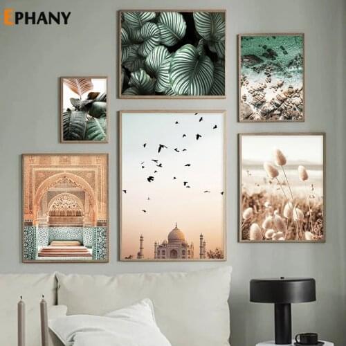 Nordic Green Plants Print Poster Nature Seascape Wall Art Vintage Muslim Church Canvas Painting Pictures for Living Room Decor