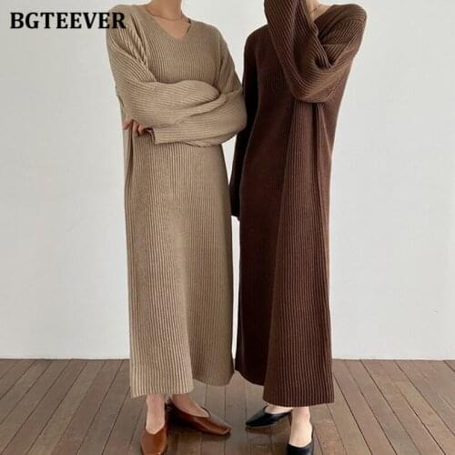BGTEEVER Casual V-neck Loose Women Knitted Dress 2021 Autumn Winter Ladies Sweaters Vestidos Full Sleeve Long Female Dress