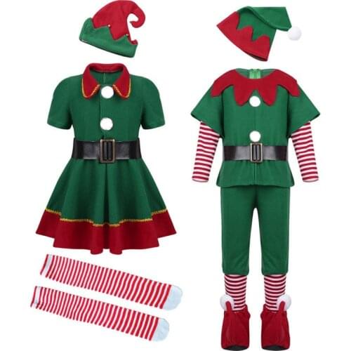 Christmas Elf Costume For Kids Adult Family Clothes Dress New Year Green Outfit Girls Boys Santa Claus Cosplay Hat C34C71
