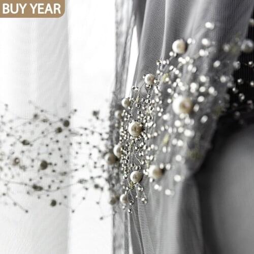 2021 Nordic Curtains for Living Room Bedroom French Light Luxury Nail Bead Embroidery Romantic Window Curtains White Gray Custom