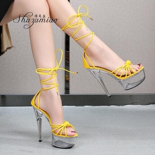 Shuzumiao Striptease Women Shoes 2020 New Lace-Up Sandals High-Heeled 15cm Sexy Fashion Show Female Shoes Ankle straps Banquet
