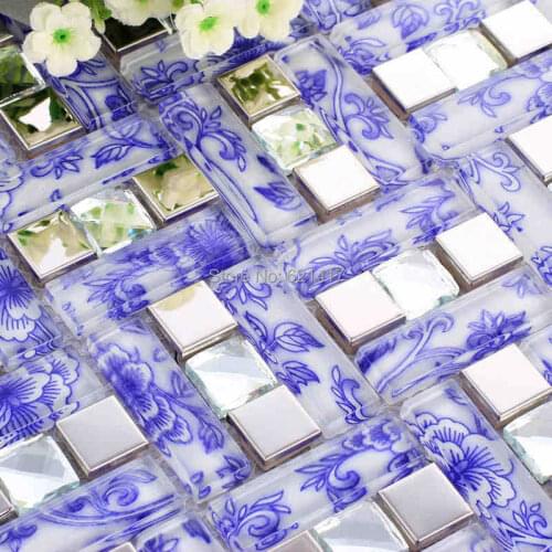 Blue flower glass mosaic mixed metal and diamond tile kitchen backsplash bathroom shower tiles swimming pool mosaic tiles