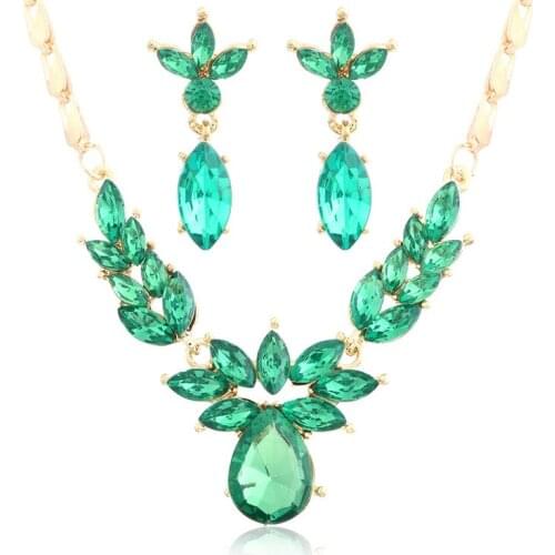 Vintage Female Crystal Leaf Jewelry Set Charm Gold Color Wedding Dangle Earrings For Women Dainty Blue Zircon Chain Necklace